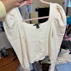 Forever‎ 21 Puff Sleeve Pearl Knit Top White Ivory Size Small Feminine Christmas